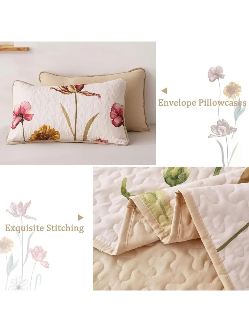 Floral Quilt Set Queen Size - 3 Piece Beige Bedspread for Cozy Bedroom Decor